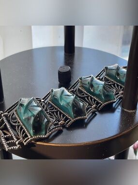 1960s Selro-Style Chunky Marble-Look Green & Gunmetal Silver-Tone Bracelet